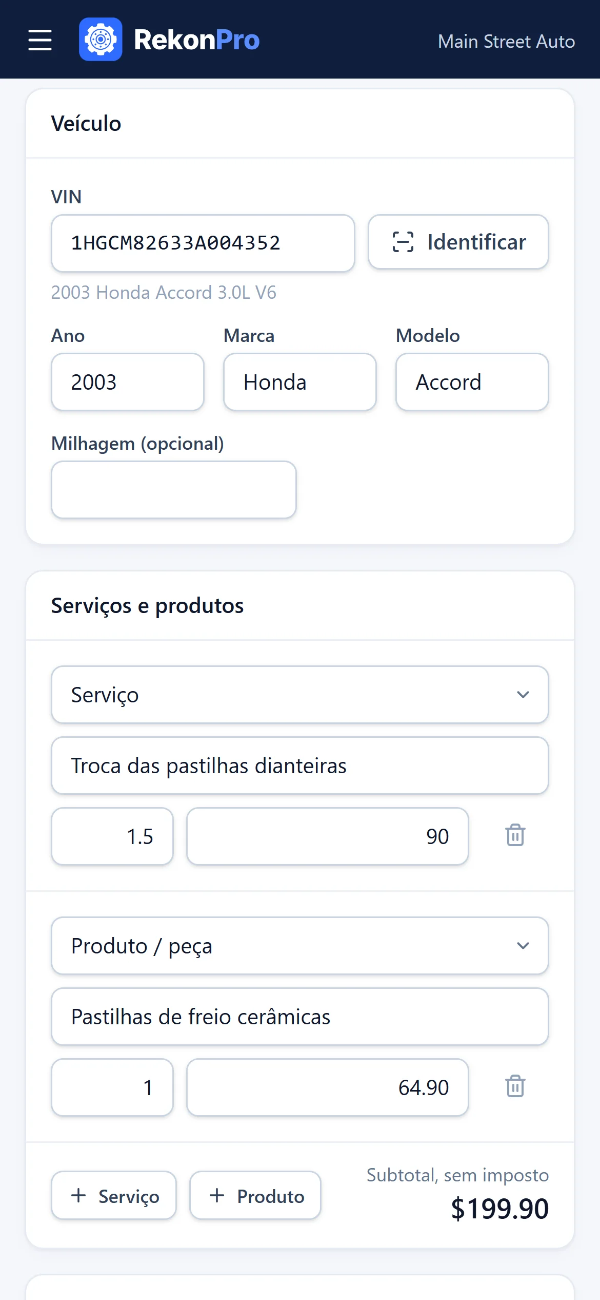 Nova invoice no celular com o VIN identificado e as linhas de serviço