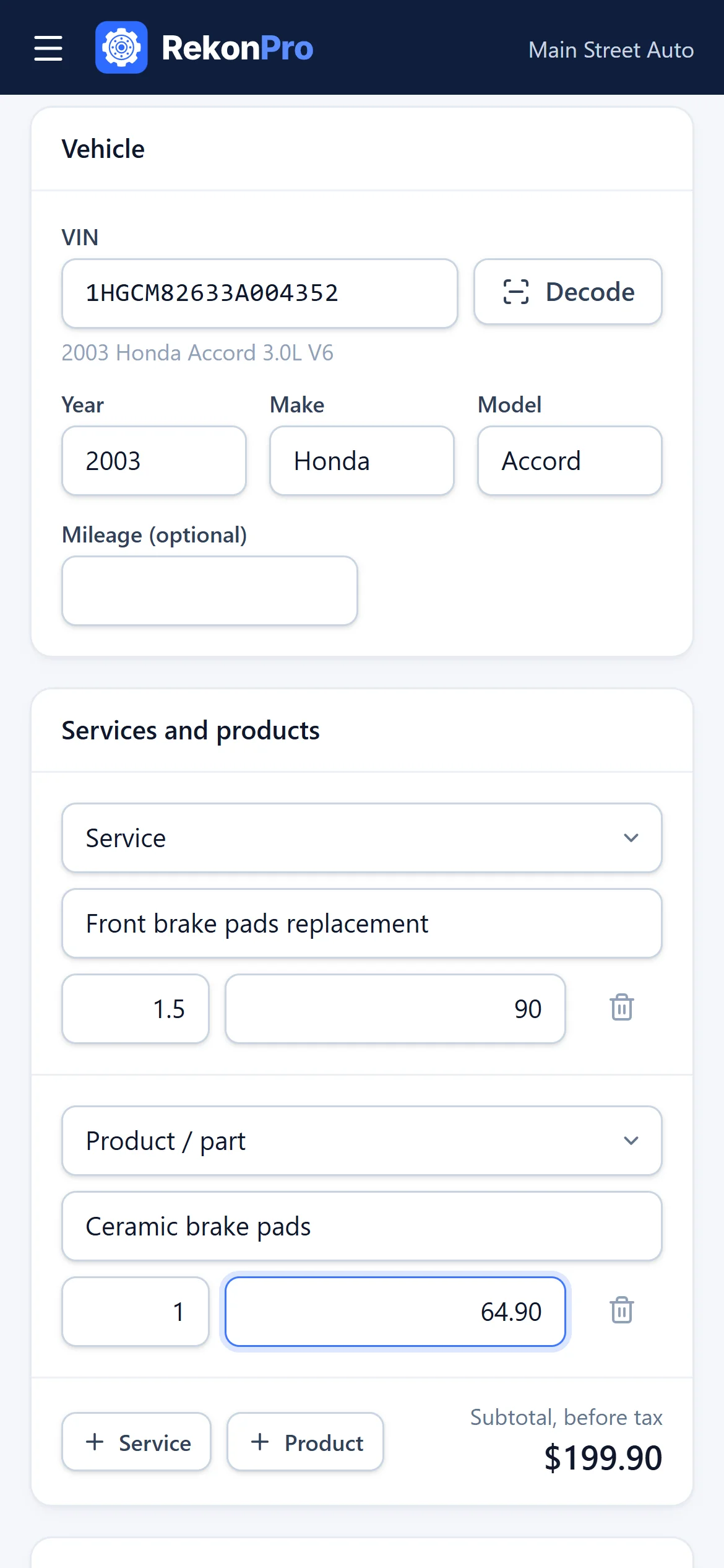 New invoice on a phone with the VIN decoded and service lines
