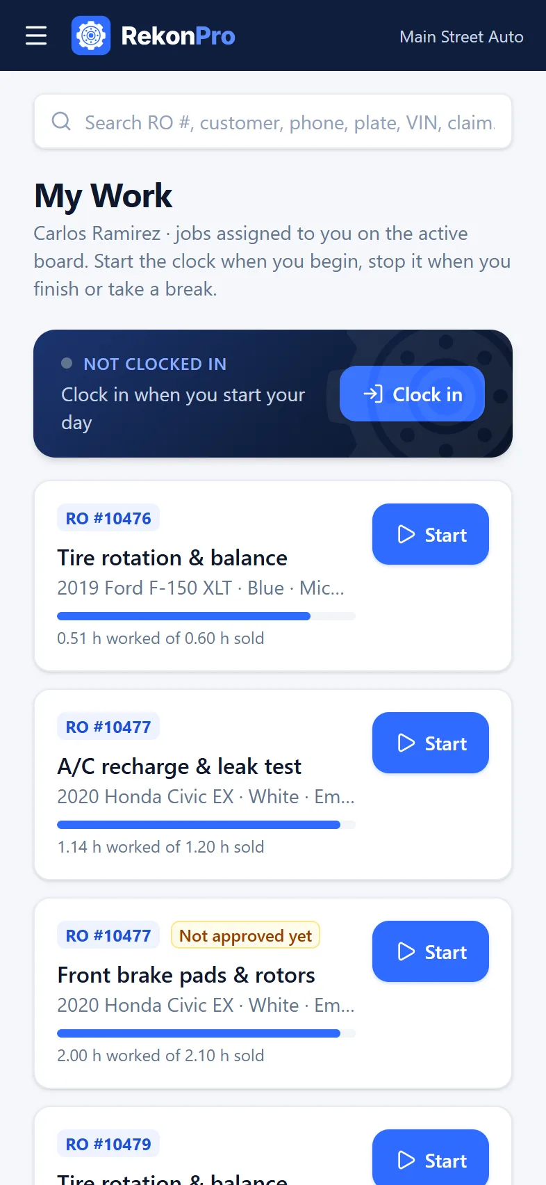 RekonPro technician app: My Work list with a Start button on each job
